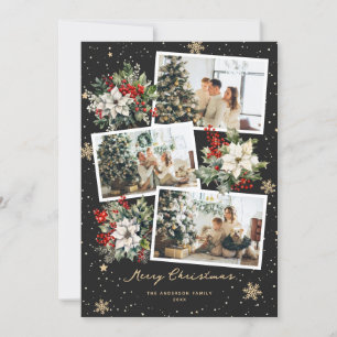 Black Holly Berries Poinsettia Photo Christmas Holiday Card