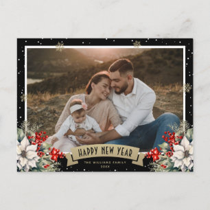 Black Holly Berries Poinsettia Photo New Year Holiday Postcard