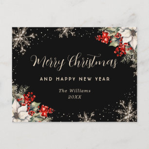Black Holly Berries Snowflakes Holiday Postcard