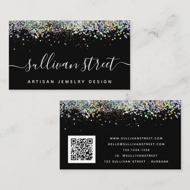 Black Holographic Glitter QR Code Business Card (Front/Back)