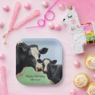 Black Holstein Cow & Cute Calf Paper Plate