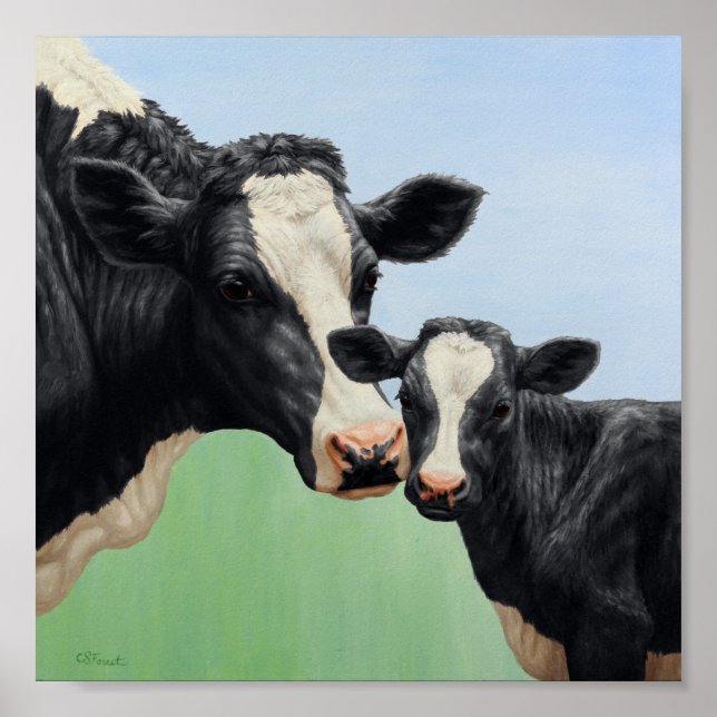 Black Holstein Cow & Cute Calf Poster (Front)