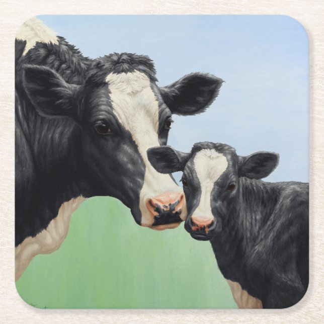 Black Holstein Cow & Cute Calf Square Paper Coaster (Front)