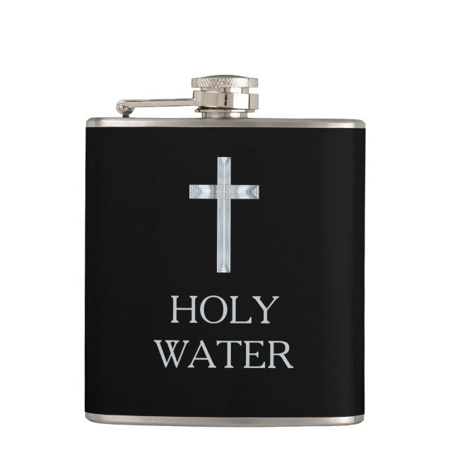 Black Holy Water Silver Crucifix Cross Funny Quote Hip Flask (Front)