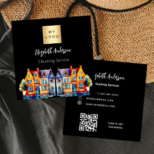 Black home cleaning service QR code Square Business Card