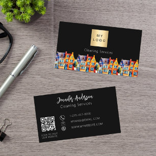 Black home cleaning services QR code logo Business Card
