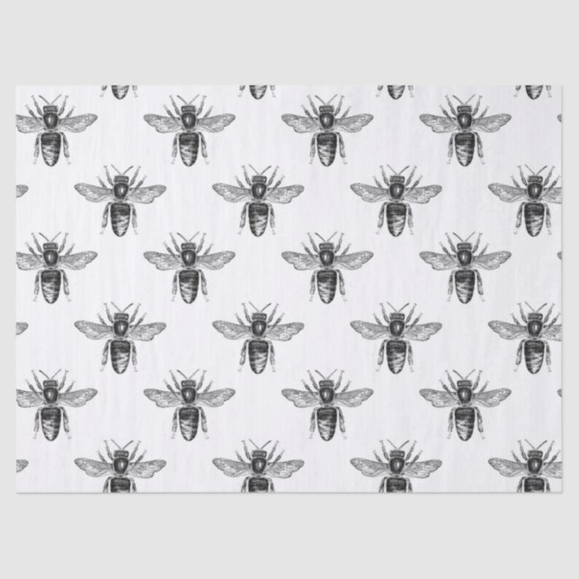 Black Honey Bees on White Decoupage Tissue Paper (Front)