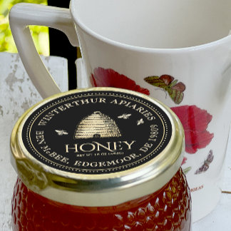 Black Honey Jar Label (Vintage Skep) Dotted Border
