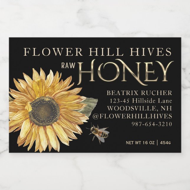 Black Honey Label Sunflower Bee Metallic Gold Text (Single Label)