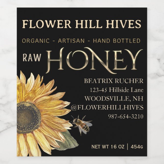 Black Honey Label Sunflower Metallic Gold 3.5" x 4 (Single Label)