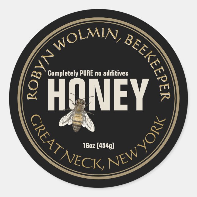 Black Honey Label with Bee Modern Vintage  (Front)