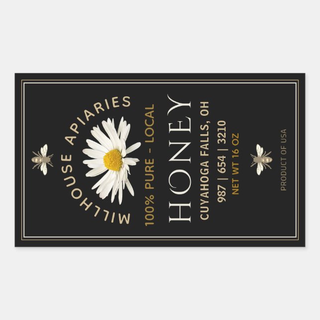 Black Honey Label with Honey bees and Daisy (Front)