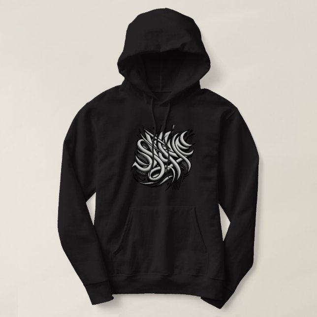 Black hooded T-shirt with cool writing pattern Hoodie (Design Front)