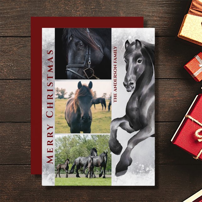 Black Horse 3 PHOTO Snowy Merry Christmas Holiday Card (Creator Uploaded)