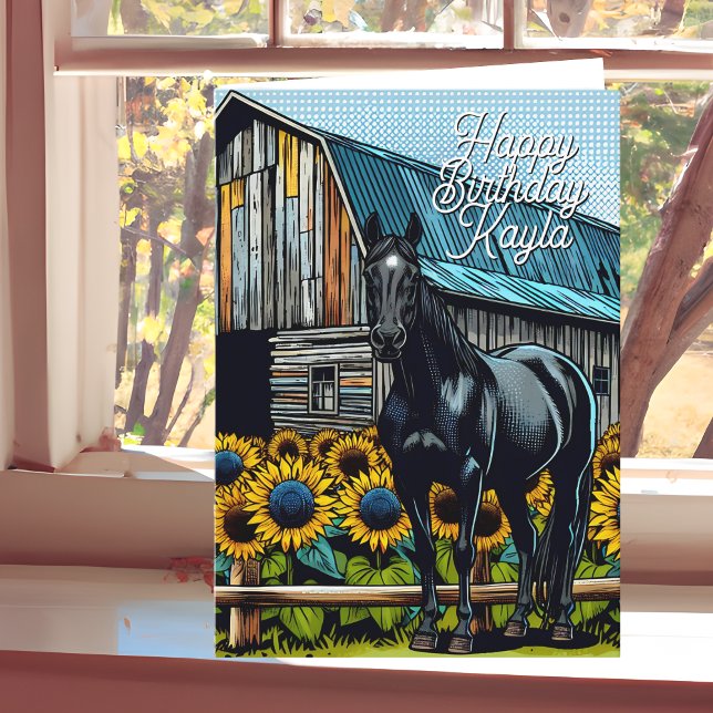 Black Horse and Sunflowers Birthday Personalised Card (Creator Uploaded)