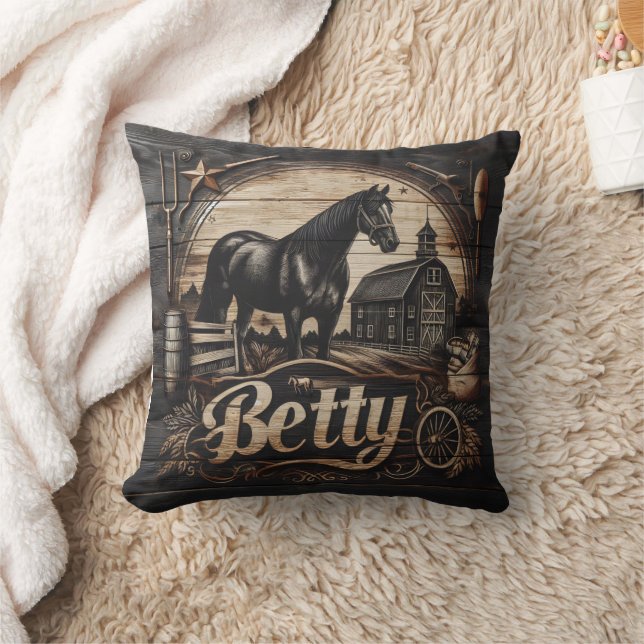 Black Horse at Farm With Name Betty Cushion (Blanket)
