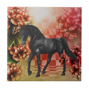 Black Horse Fantasy Flowers Animal Tile