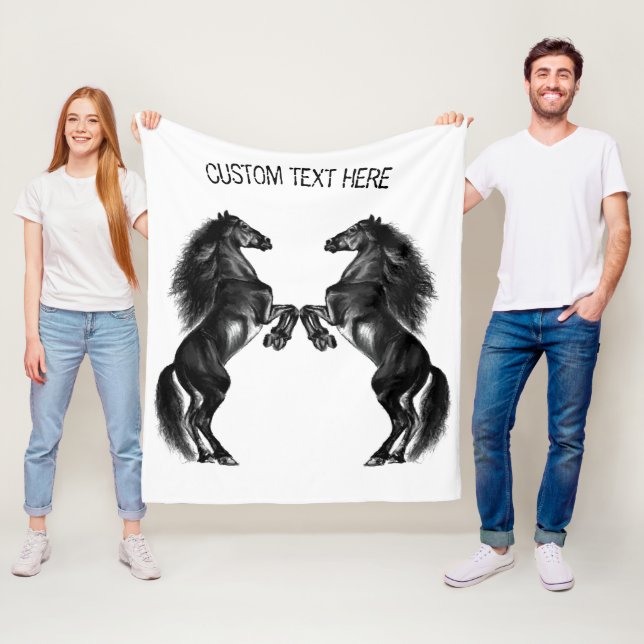 Black Horse Fleece Blanket with Custom Text (In Situ)
