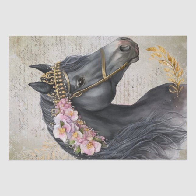 Black Horse Floral Decoupage Tissue Paper (Front)