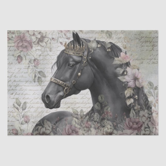 Black Horse Floral Decoupage Tissue Paper (Front)