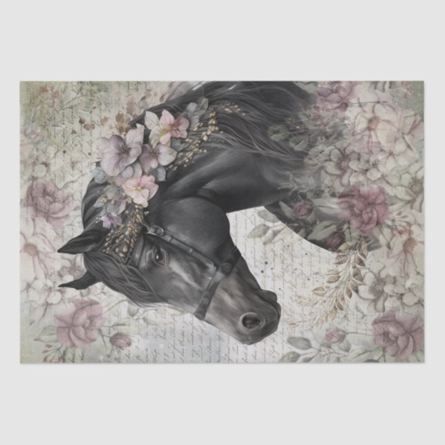 Black Horse Floral Decoupage Tissue Paper (Front)