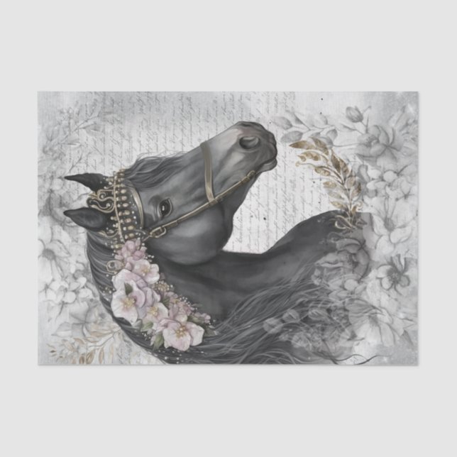 Black Horse Floral Decoupage Tissue Paper (Front)