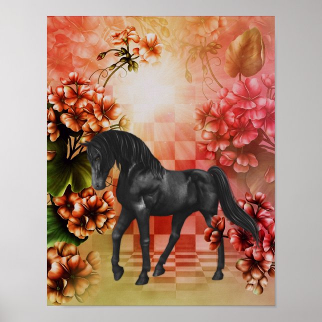 Black Horse Flowers Fantasy Art Poster (Front)