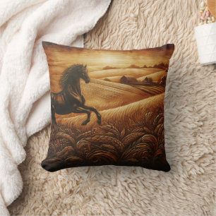 Black Horse Galloping at Sunset Cushion