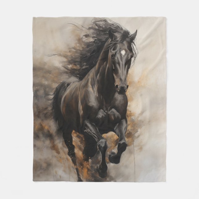 Black Horse Galloping Fleece Blanket (Front)
