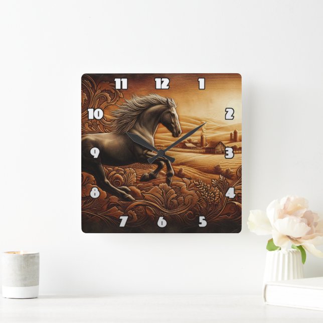 Black Horse Galloping in Golden Fields Square Wall Clock (Home)