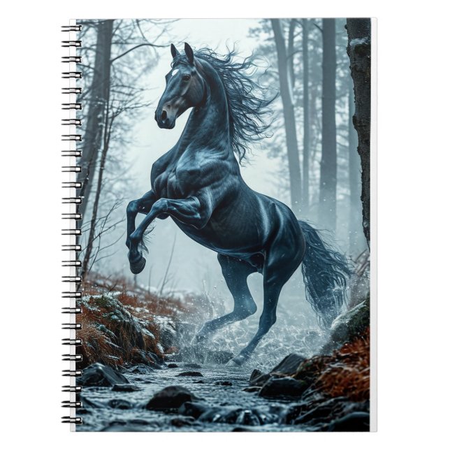 Black Horse Galloping Through a Forest Stream Notebook (Front)