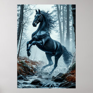 Black Horse Galloping Through a Forest Stream Poster