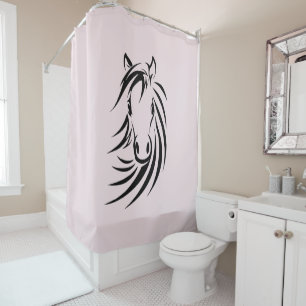 Black Horse Head  on Pink Shower Curtain