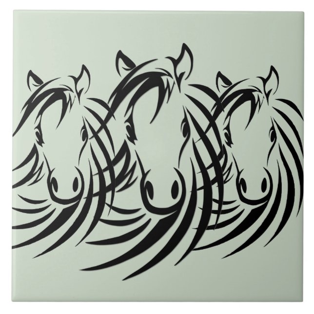 Black Horse Heads Green Ceramic Tile (Front)
