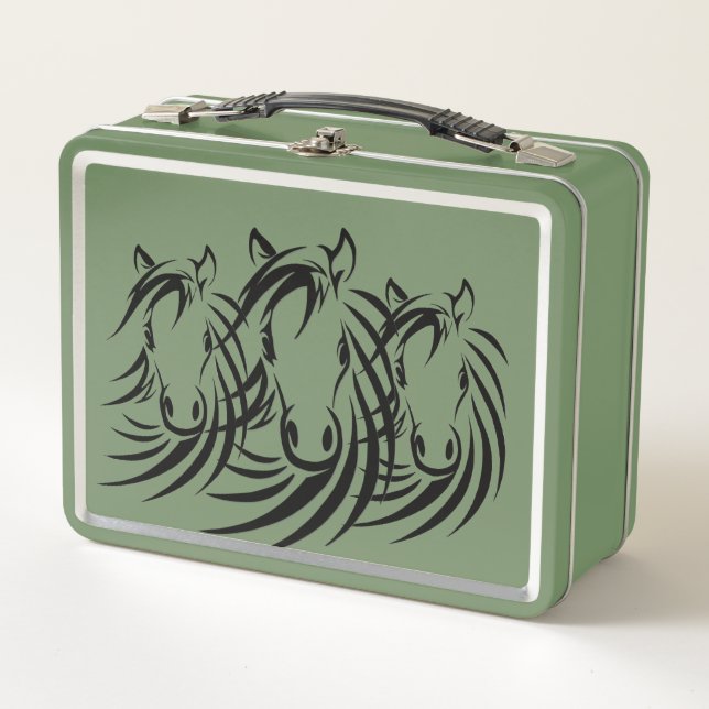 Black Horse Heads on Green Metal Lunch Box (Front)