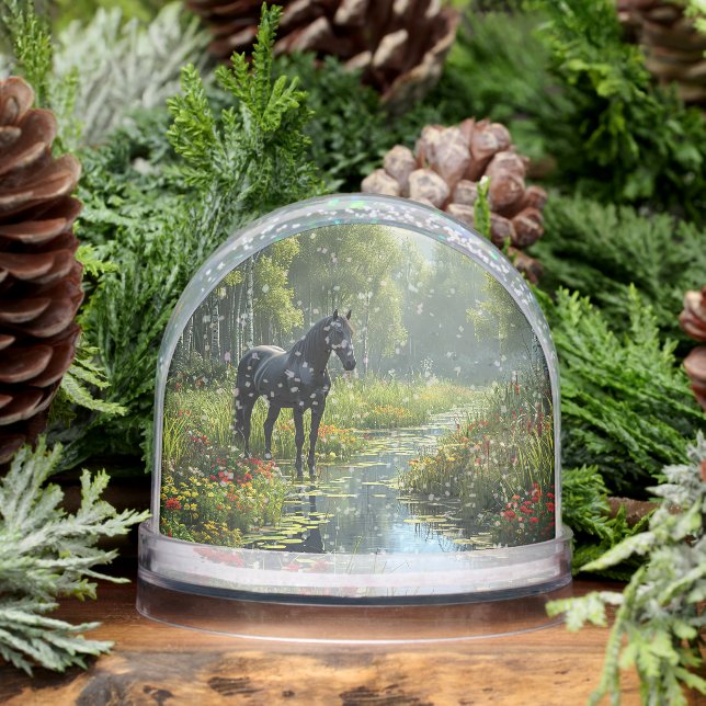 Black Horse in a Lush Forest Clearing Snowglobe (Winter)