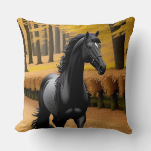 Black Horse in a Scenic Autumn Forest Path Cushion