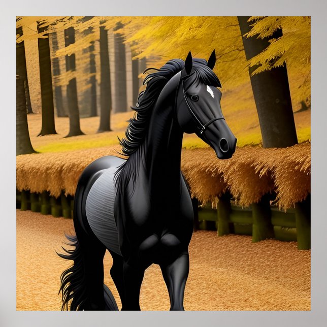 Black Horse in a Scenic Autumn Forest Path Poster (Front)