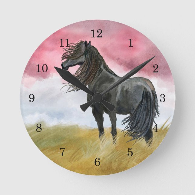 Black Horse in Field Wall Clock (Front)