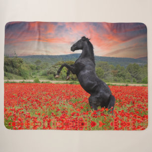 Black Horse in Poppy Field Sherpa Blanket