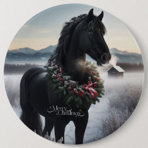 Black horse in the snow with Christmas wreath 6 Cm Round Badge