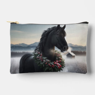 Black horse in the snow with Christmas wreath Accessory Pouch