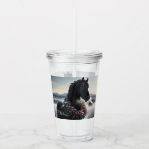 Black horse in the snow with Christmas wreath Acrylic Tumbler