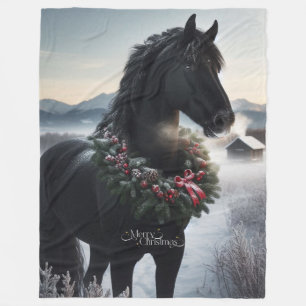 Black horse in the snow with Christmas wreath  Fleece Blanket