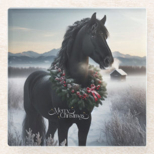 Black horse in the snow with Christmas wreath Glass Coaster