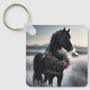 Black horse in the snow with Christmas wreath  Key Ring
