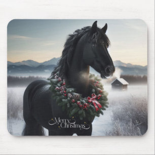 Black horse in the snow with Christmas wreath Mouse Pad