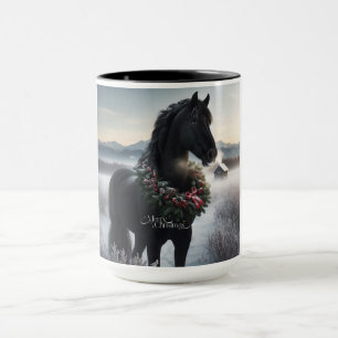 Black horse in the snow with Christmas wreath Mug