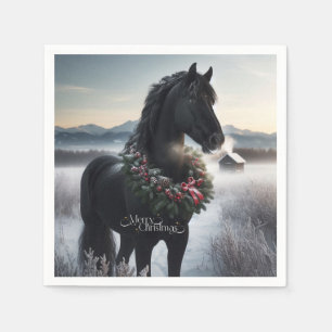 Black horse in the snow with Christmas wreath  Napkin