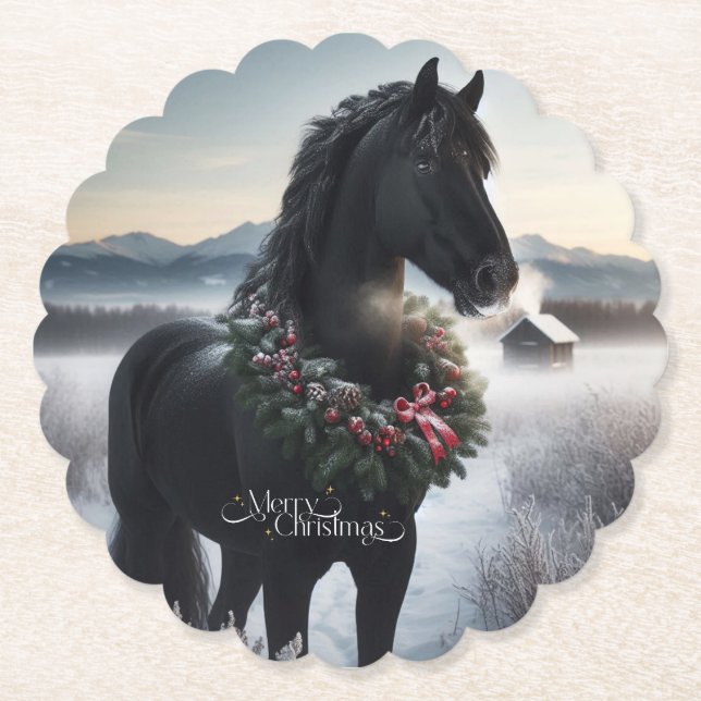 Black horse in the snow with Christmas wreath  Paper Coaster (Front)